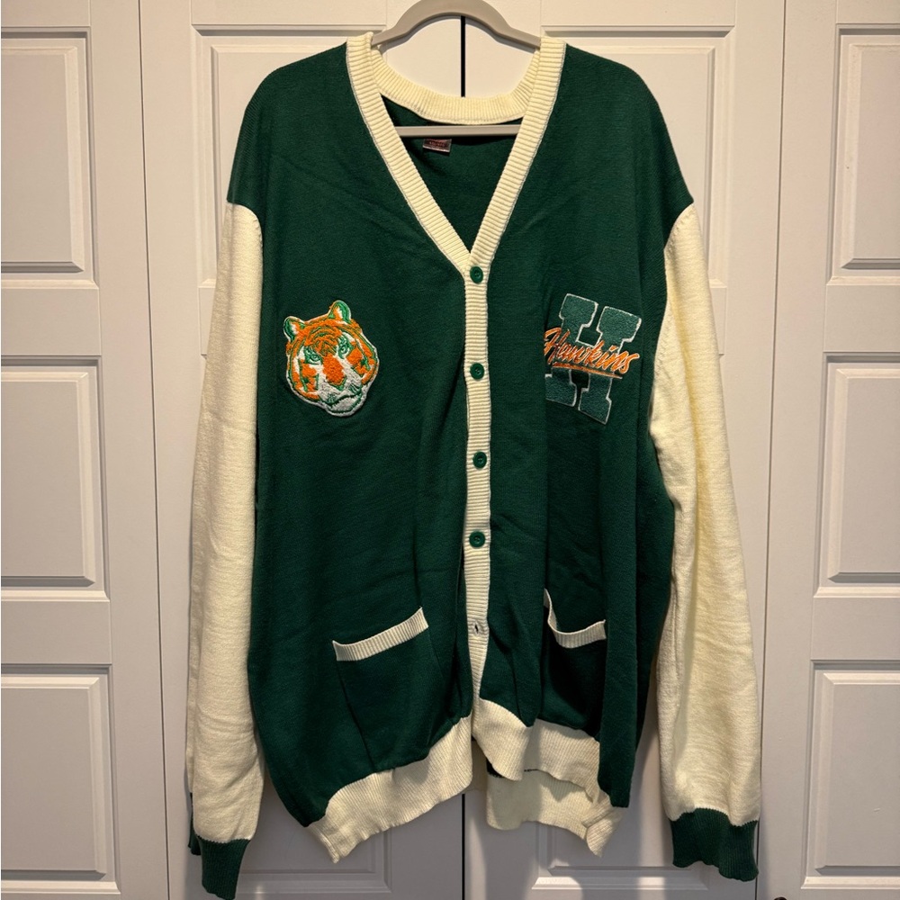 Cakeworthy Stranger Things Hawkins Green & Cream Varsity Tiger Patch Cardigan 4X